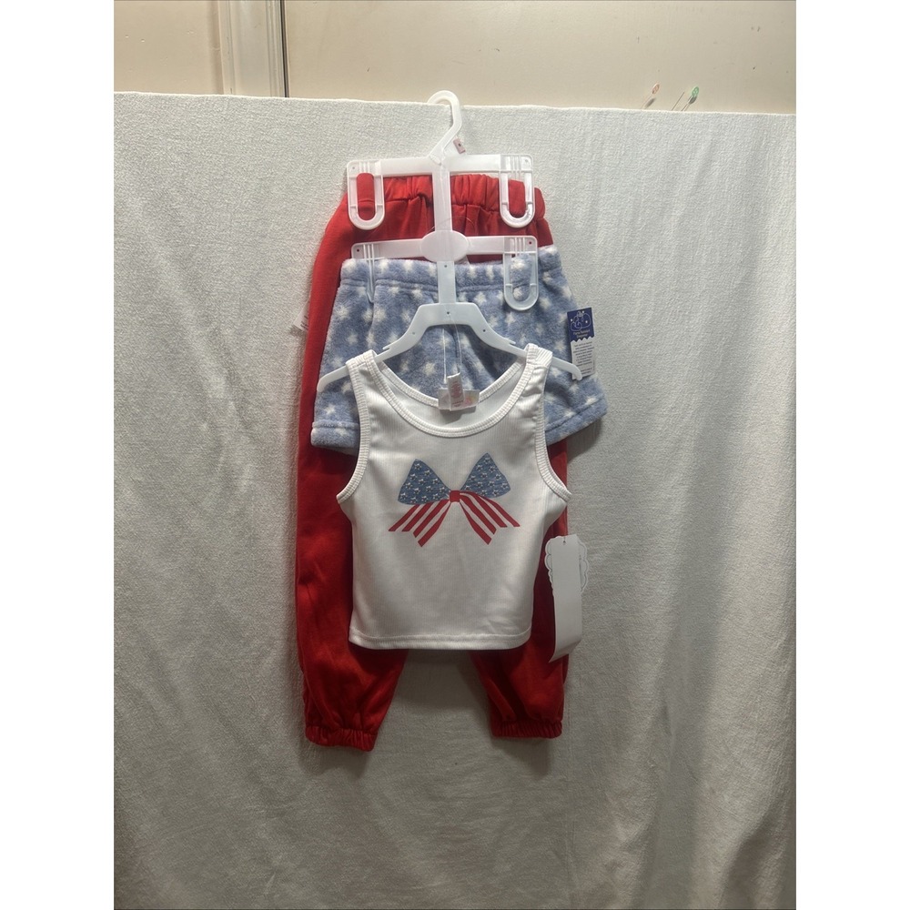 Girls 3 Piece‎ Pajamas Set Size 6 Red White Blue Shorts Pants Tank Top
